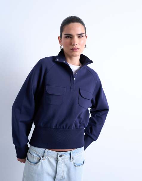 Topshop pocket detail funnel neck sweat in navy