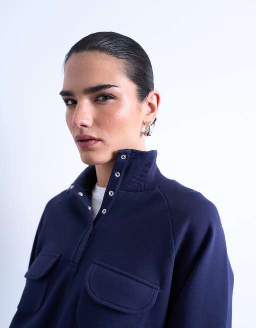 Topshop pocket detail funnel neck sweatshirt in navy, 2 of 4