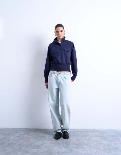 Topshop pocket detail funnel neck sweatshirt in navy, 3 of 4
