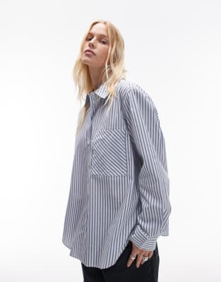 Topshop Pocket Detail Stripe Shirt In Double Blue Stripe