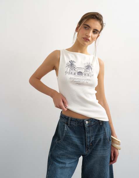 Topshop – Podkoszulek w kolorze ecru z grafiką „Palm Tree” - view 1