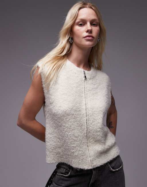 Topshop – Podkoszulek zapinany na zamek z dzianiny boucle z okrągłym dekoltem w kolorze kości słoniowej
