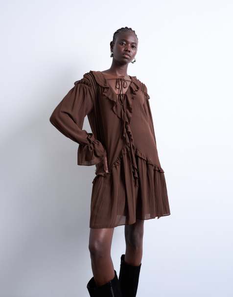 Topshop poet sleeve frill mini dress in coffee