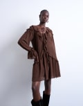 [Topshop] Topshop poet sleeve frill mini dress in coffee-Brown 4 Coffee