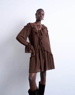 Poet sleeve frill mini dress in coffee