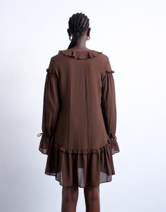 Model wearing Poet sleeve frill mini dress in coffee