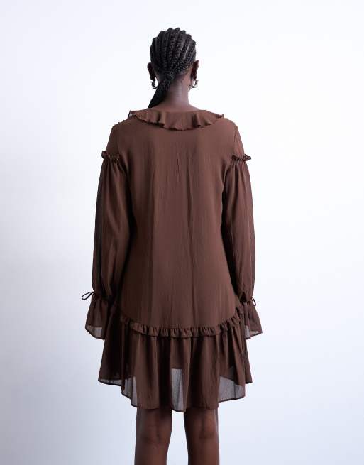 Topshop poet sleeve frill mini dress in coffee, 2 of 4