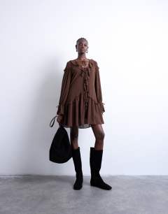 Model wearing Poet sleeve frill mini dress in coffee