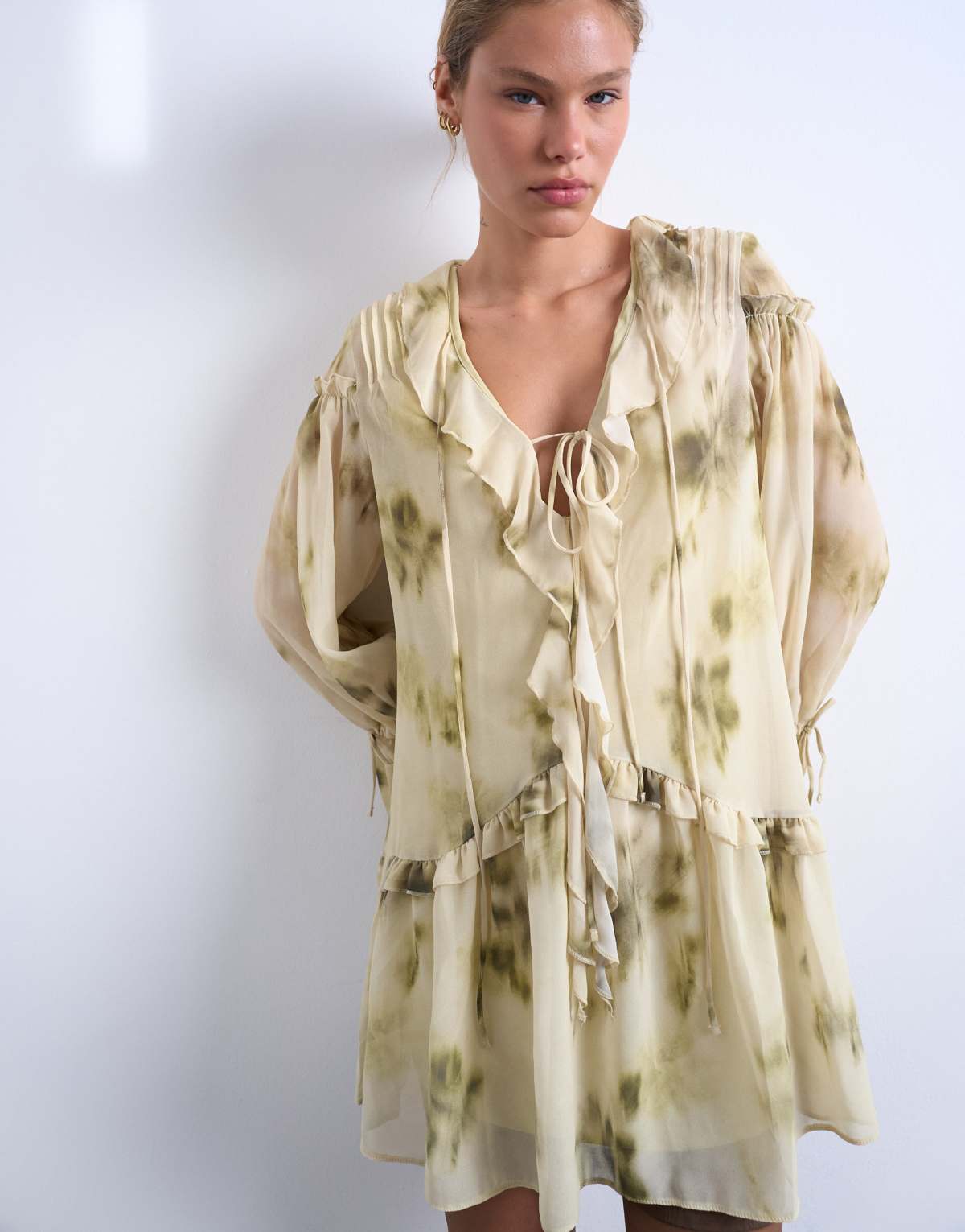 Topshop poet sleeve frill mini dress in green floral print