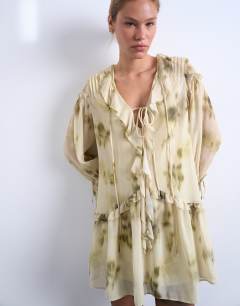 Poet sleeve frill mini dress in green floral print