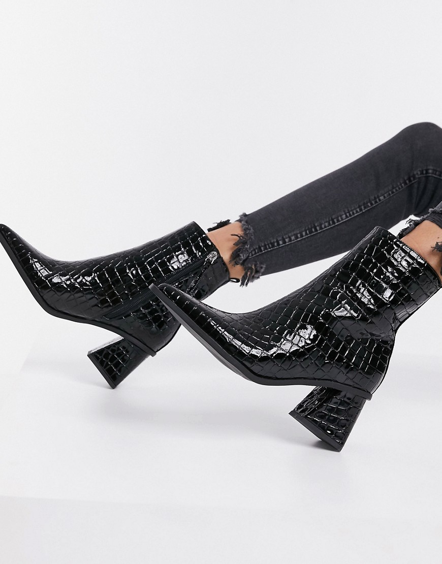 TOPSHOP POINTED HEELED BOOTS IN BLACK CROC,CYNJM
