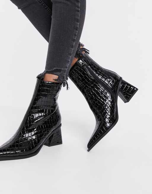 Topshop pointed heeled boots in black croc