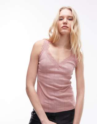 Topshop - Pointelle-Camisole in Zartrosa mit Spitzenborte und V-Ausschnitt