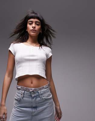 Topshop Pointelle Cropped Tee In White