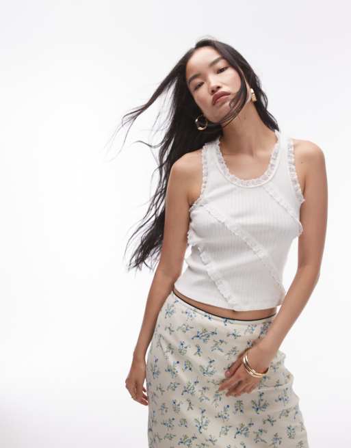 Topshop pointelle frill racer tank top in white 