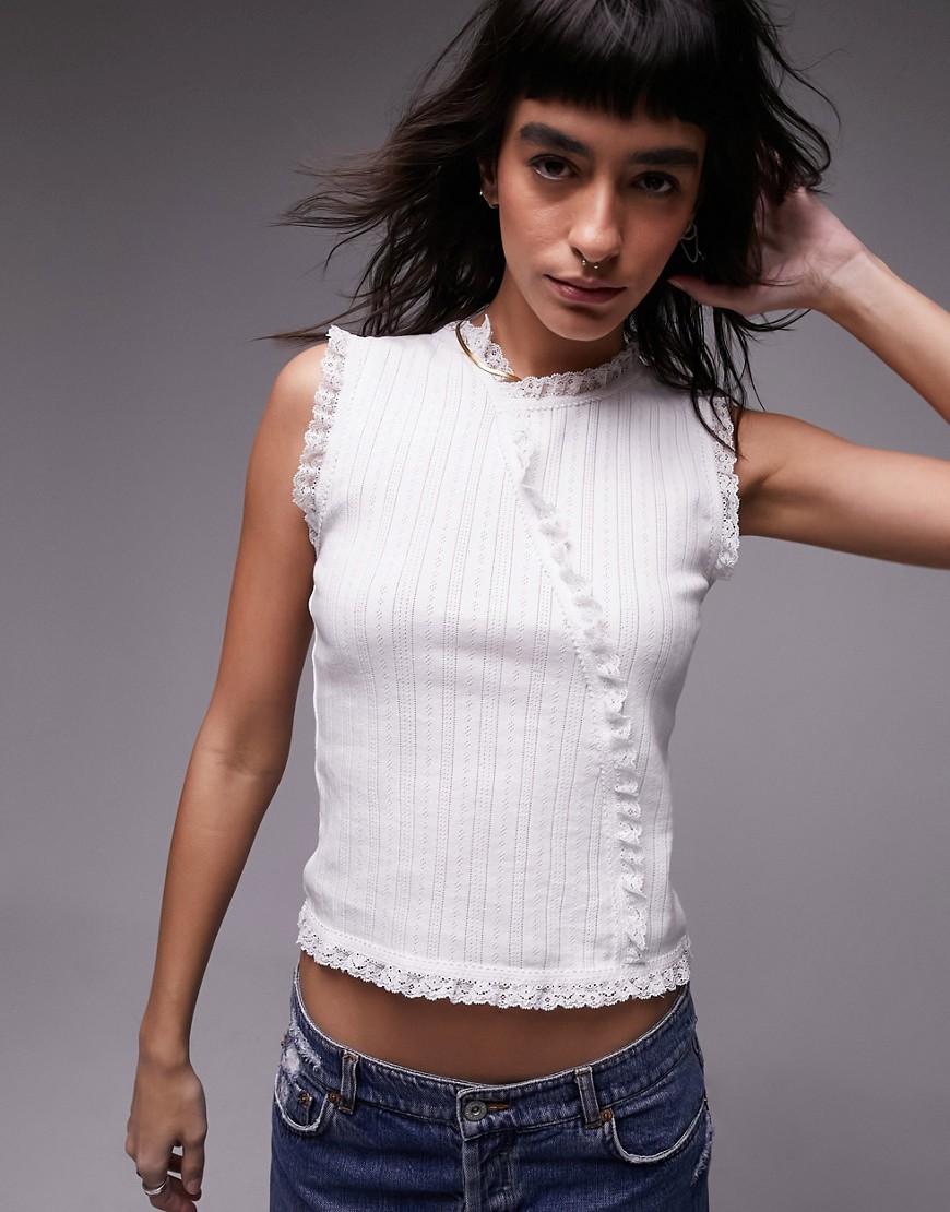 Topshop pointelle frill tank top in white