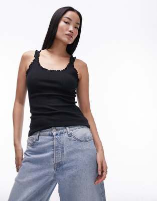 Topshop Pointelle Lettuce Edge Cami In Black In Black
