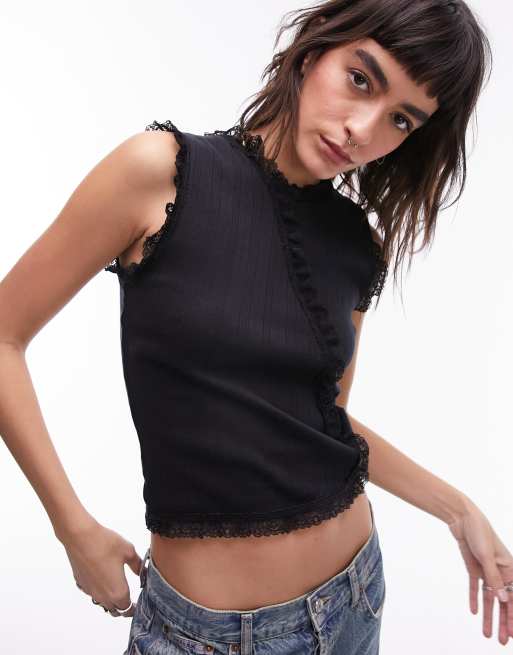 Topshop pointelle ruffle tank top in black