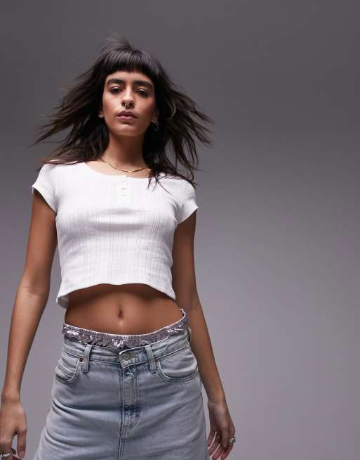 Topshop – Pointelle-T-Shirt in Weiß mit kurzem Schnitt
