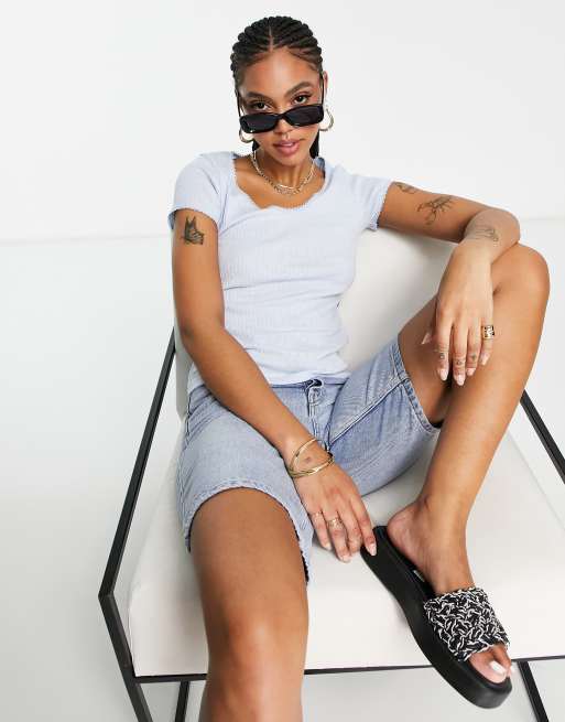 Topshop - Pointelle T-shirt kant in blauw, 4 van 4