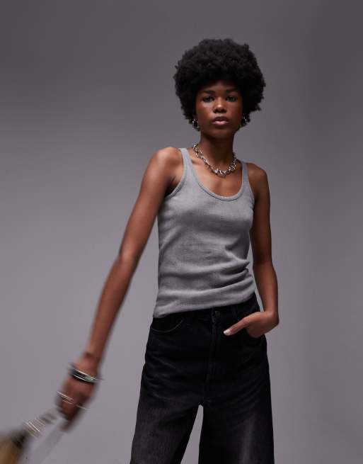 Topshop – Pointelle-Tanktop in anthrazitfarbener Acid-Waschung