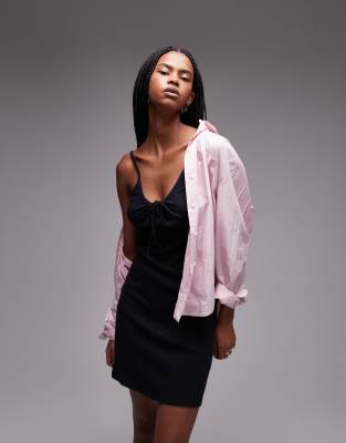 [Topshop] Topshop pointelle tie front mini dress in black S BLACK