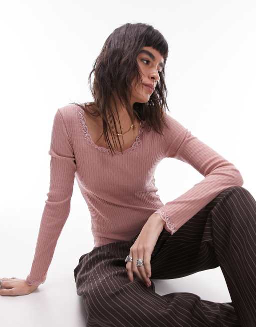 Topshop - Pointelle top met lange mouwen en kant in zachtroze