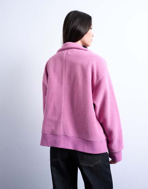 Topshop - Polaire zippée en imitation peau de mouton avec col cheminée - Rose, 4 de 4