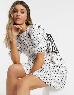 Topshop polka dot babydoll dress in white-Multi