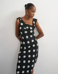 Polka dot chiffon tie shoulder maxi dress in black