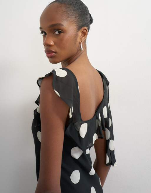 Topshop polka dot chiffon tie shoulder maxi dress in black, 3 of 4