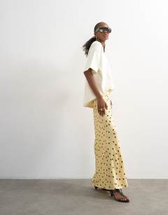 Polka dot flood length satin bias maxi skirt in buttermilk