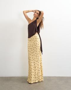 Polka dot flood length satin bias maxi skirt in buttermilk