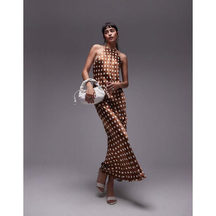 Topshop polka dot halter neck maxi dress in brown ASOS