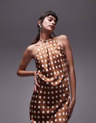 Topshop polka dot halter neck maxi dress in brown | ASOS