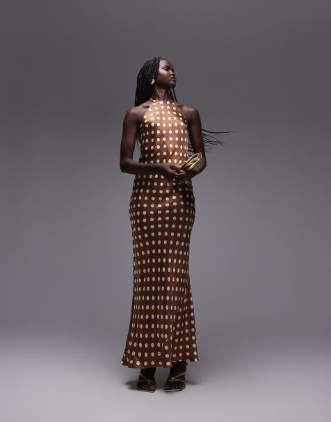 Topshop polka dot halter neck maxi dress in brown - view 1