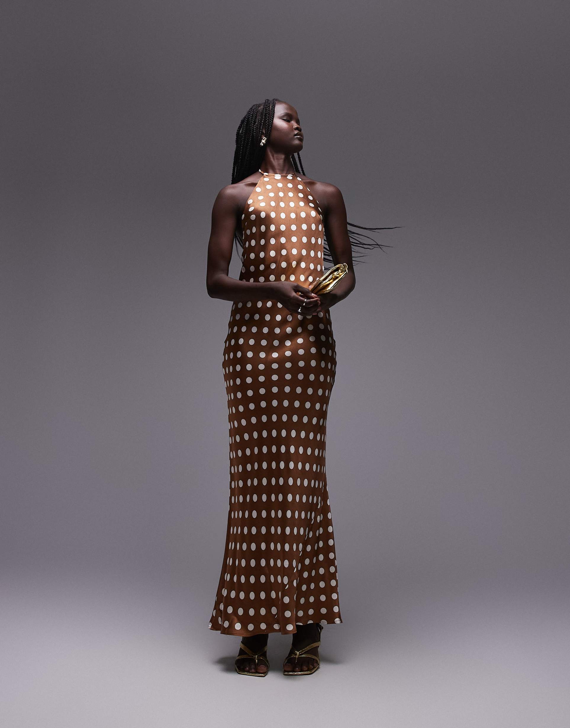 topshop polka dot halter neck maxi dress in brown