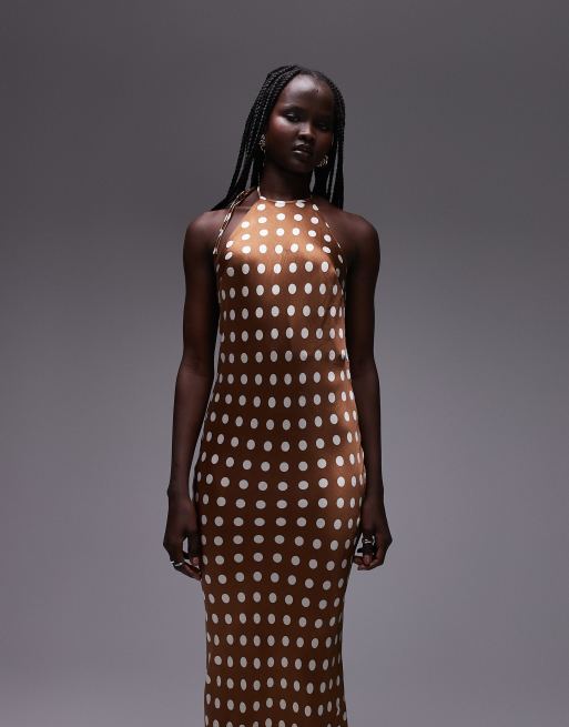 Topshop polka dot halter neck maxi dress in brown