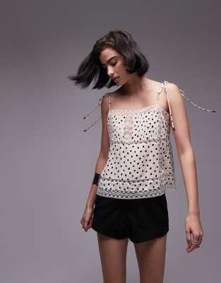 Topshop polka dot lace mix cami top in ivory-White