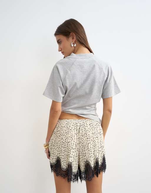 Topshop polka dot lace trim shorts in mono, 4 of 5