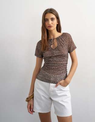 Topshop polka dot mesh key hole detail short sleeve top in brown
