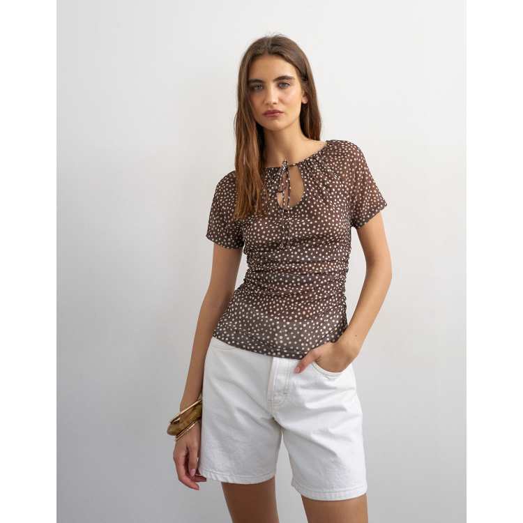 Topshop polka dot mesh key hole detail short sleeve top in brown