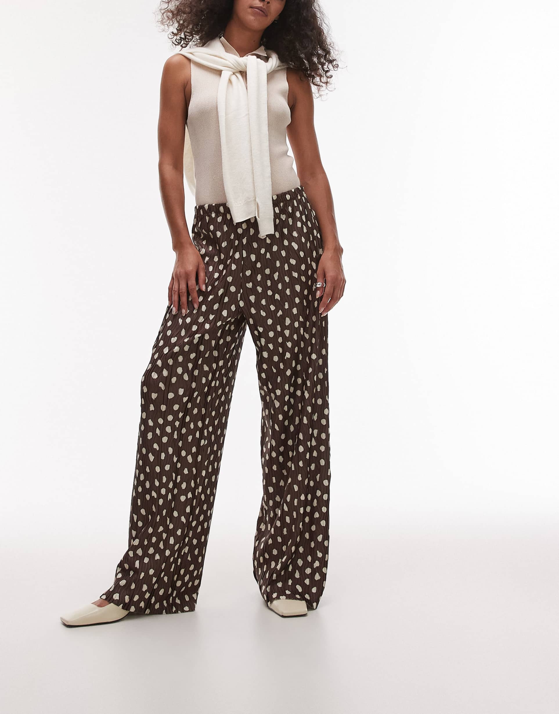 topshop polka dot plisse wide leg pants in brown