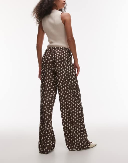 Topshop polka dot plisse wide leg trousers in brown