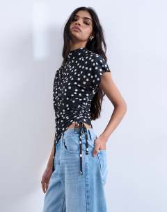 Polka dot print asymmetric ruched top in black