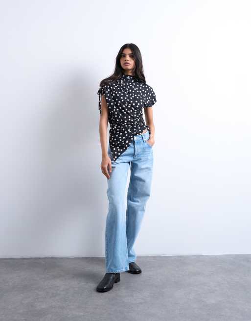Topshop polka dot print asymmetric ruched top in black, 2 of 4