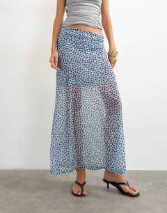 Model wearing Polka dot ruched skirt in blue