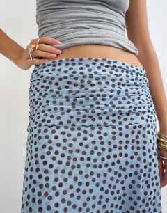 Model wearing Polka dot ruched skirt in blue