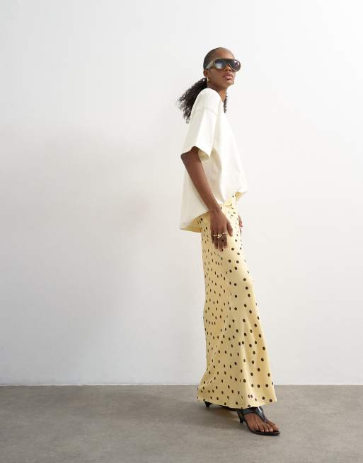 Topshop polka dotted flood length satin bias cut maxi skirt in