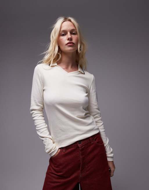 Topshop - Polo a maniche lunghe color pietra con righe a contrasto sui bordi
